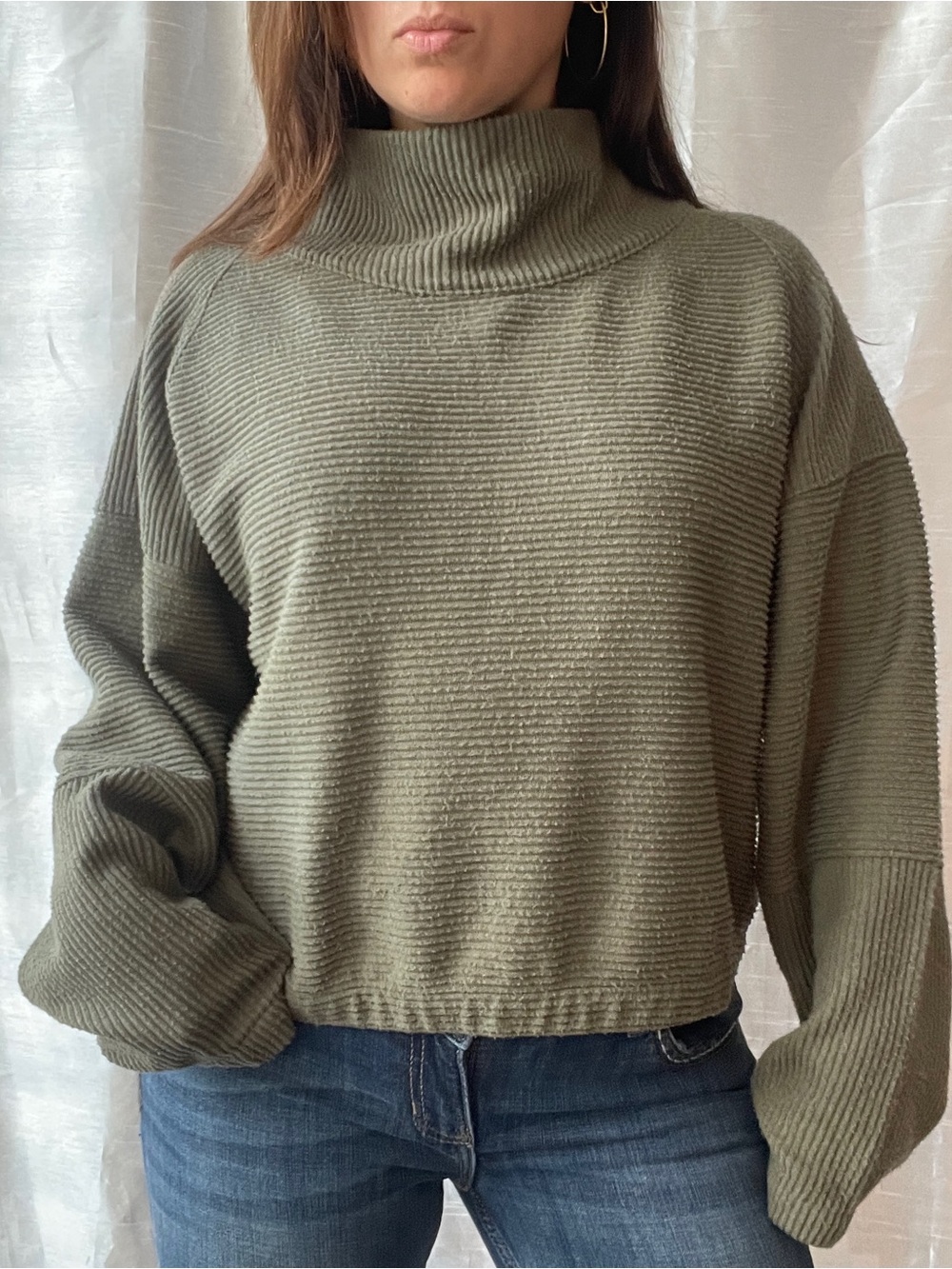 Prana Turtleneck Sweater Womens Medium Green RIbbed Boxy Fit Cozy Earthy Granola